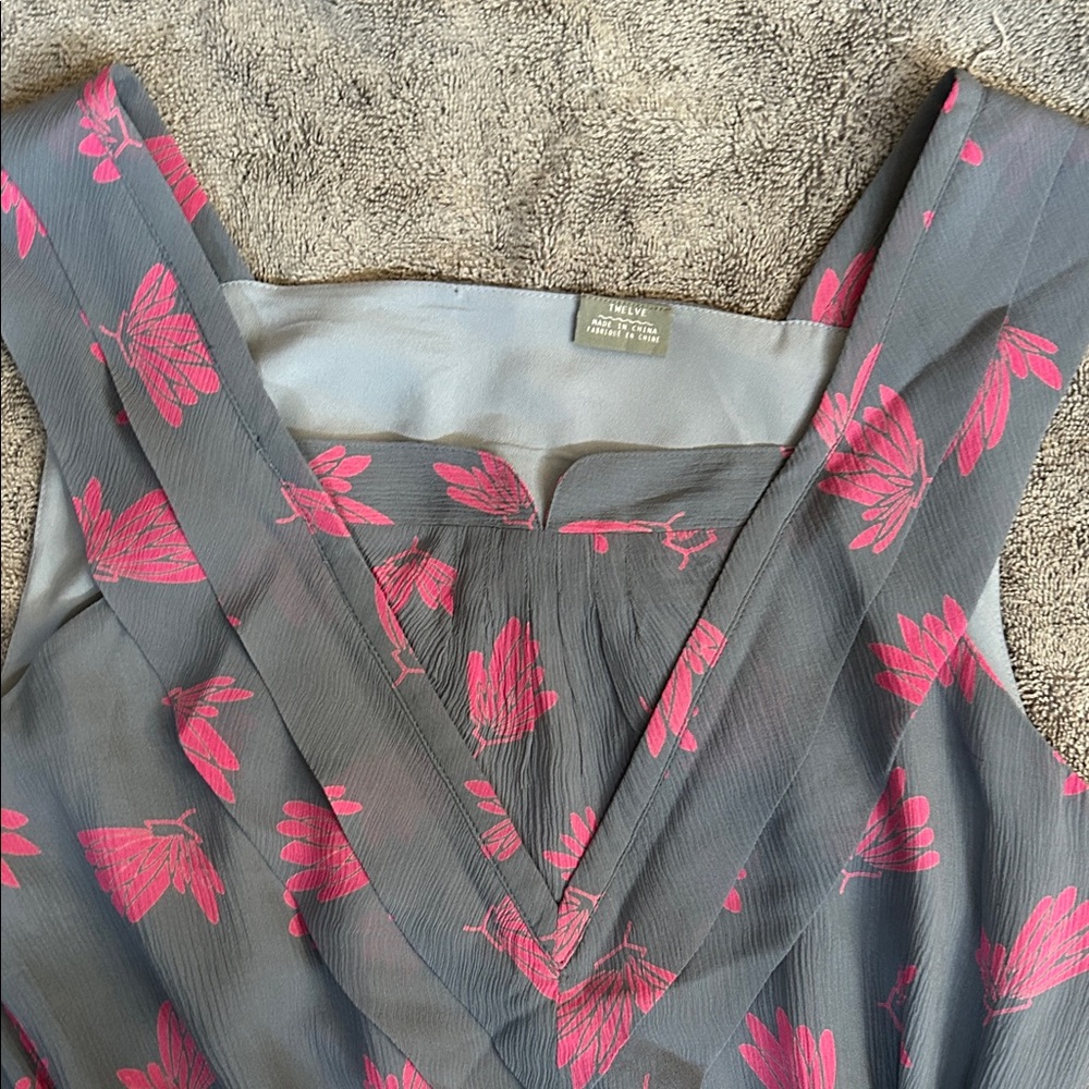 Gray and Pink Floral Silk Midi Dress
